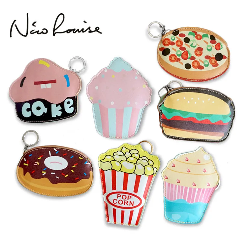 2016 Creative Cute Cartoon Coin Purse Key Chain For Girls Leather Icecream Cake Popcorn Kids Zipper Change Wallet Card Holder