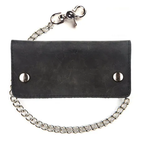 7" Credit Card Bi-Fold Black Leather Chain Wallet