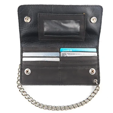 7" Credit Card Bi-Fold Black Leather Chain Wallet