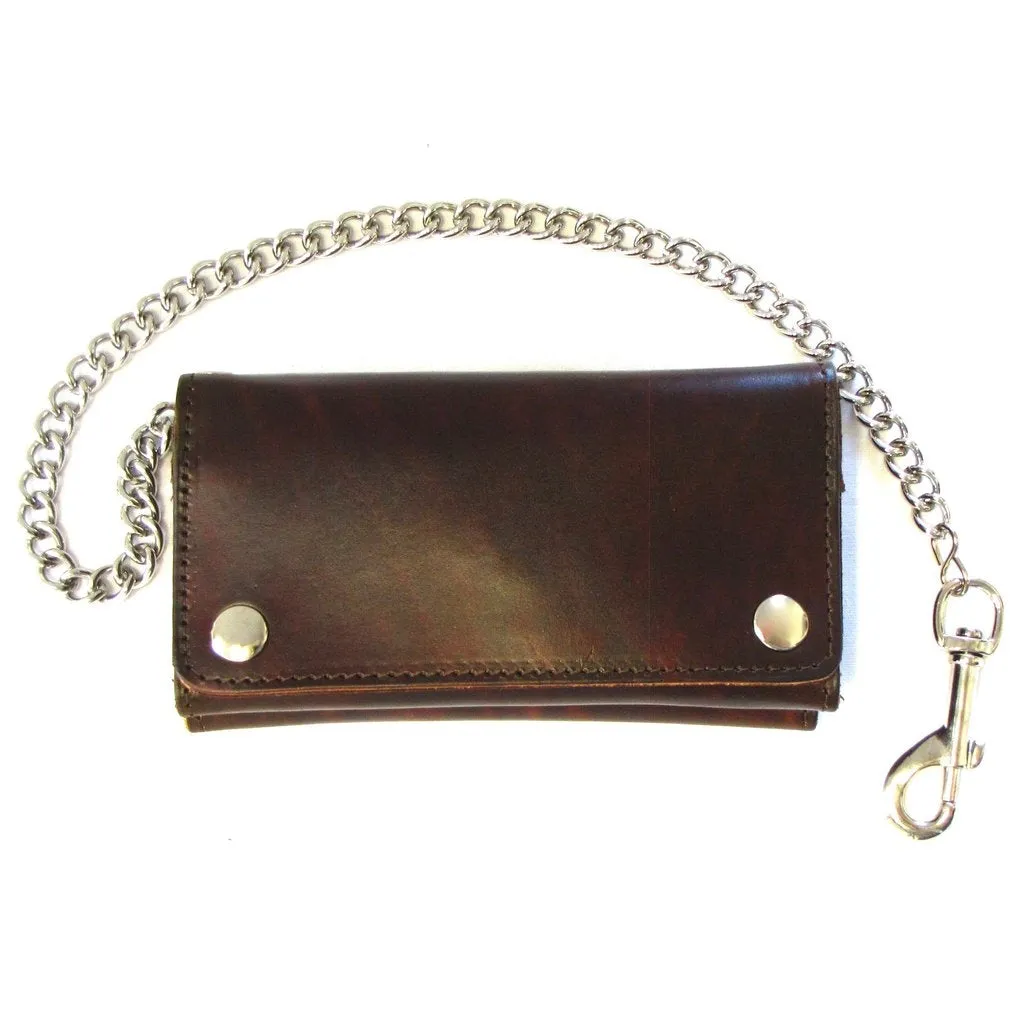 7" Credit Card Tri-Fold Brown Leather Chain Wallet