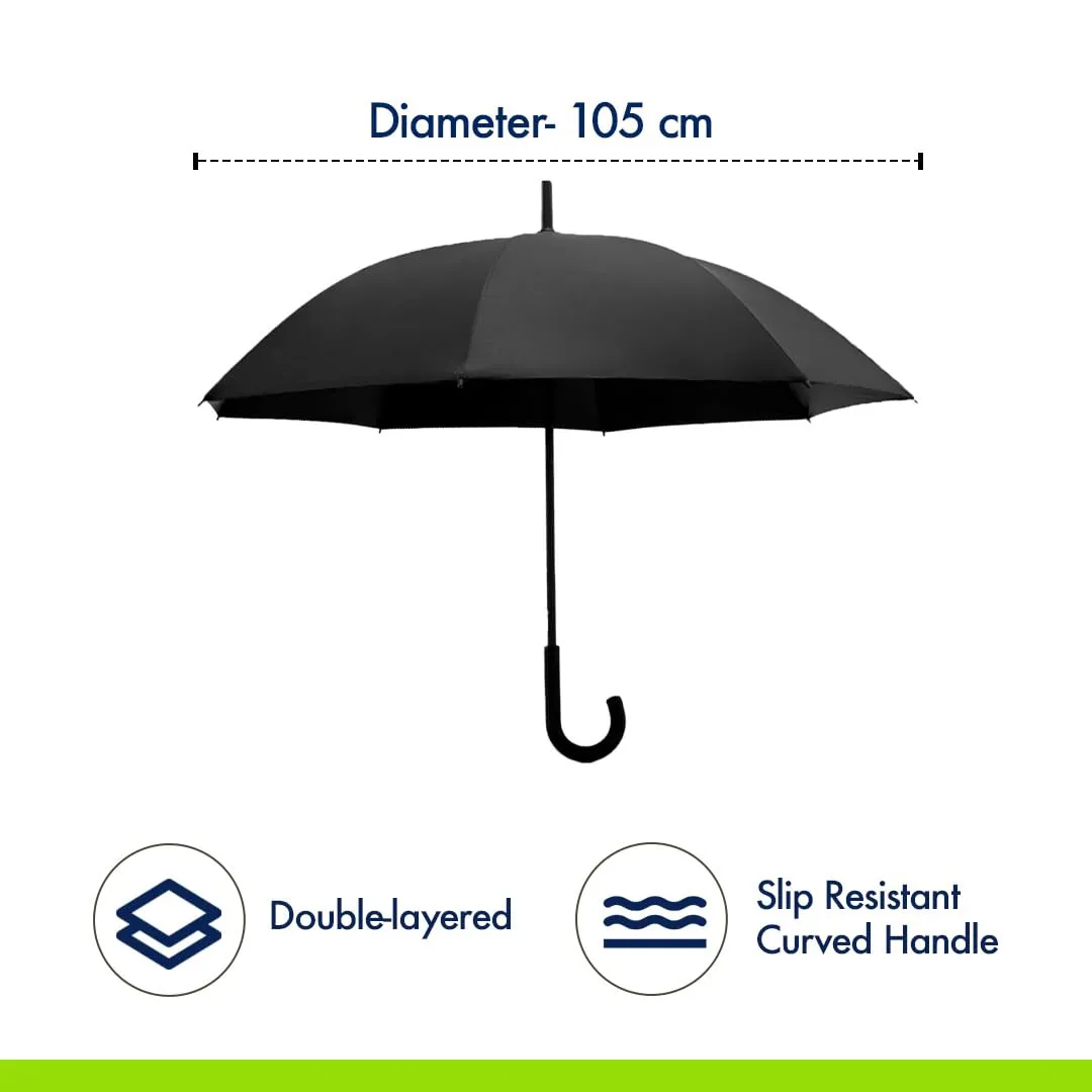 ABSORBIA Big Straight and Stick Umbrella for rain, Windproof, Waterproof and UV Coated, Open Diameter 105cm Double Layer Umbrella With Cover in Black Colour………