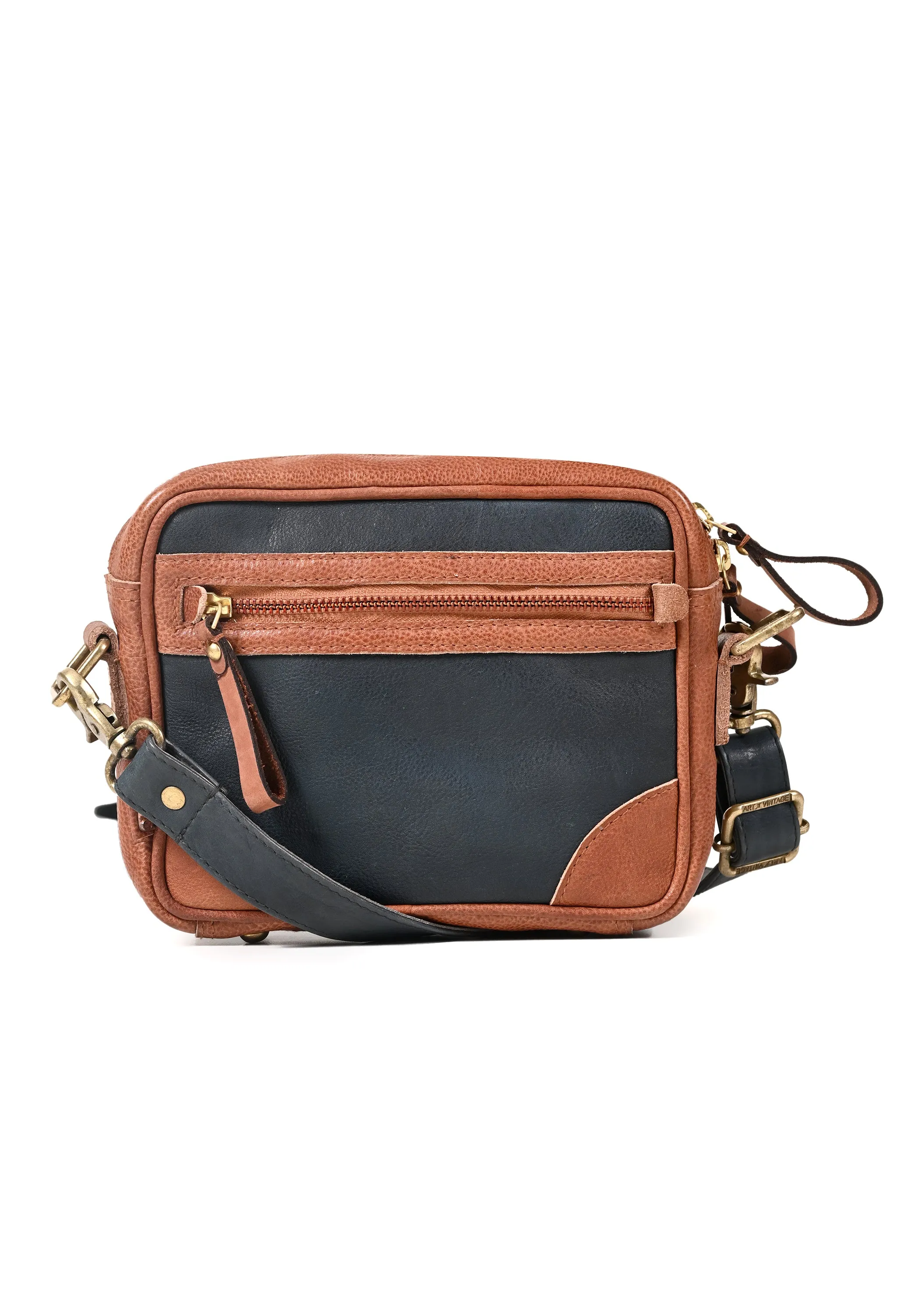 Art N Vintage Winger : Navy With Cognac Real Leather Mini Crossbody Bag