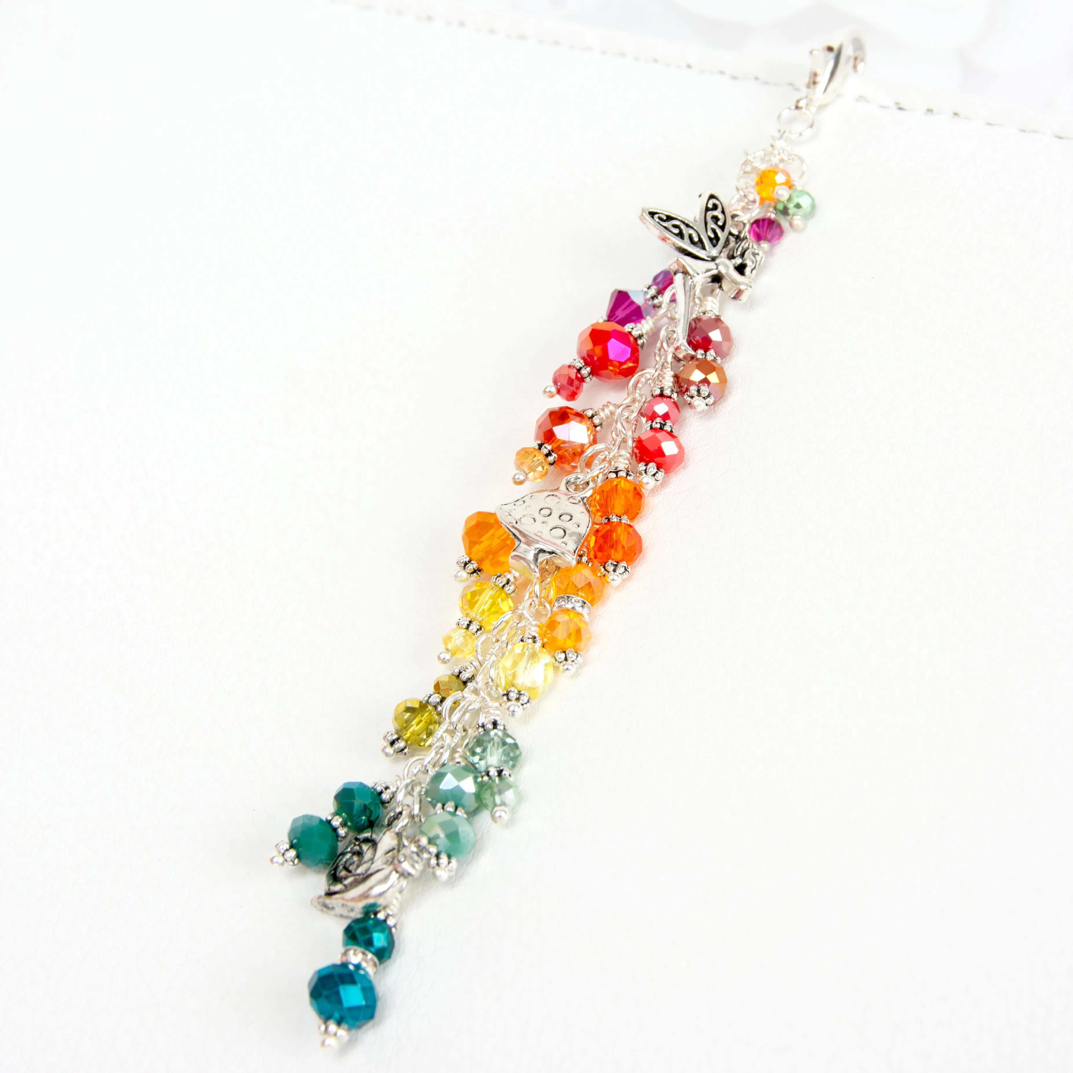 Autumn Whimsy Dangle Charm with Silver Fairy, Mushroom and Snail Charms and Vibrant Fall Crystals