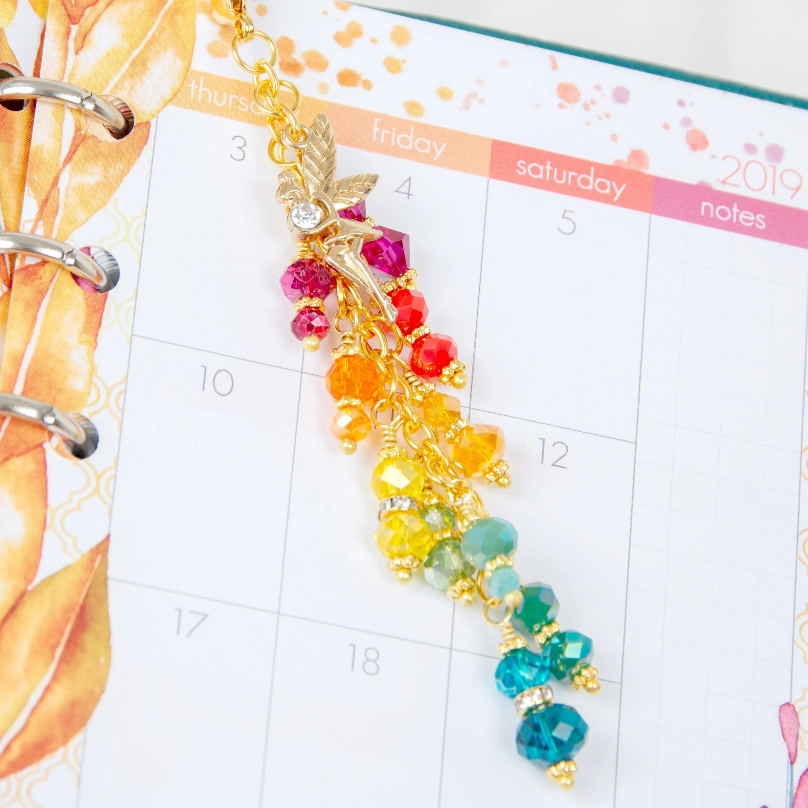 Autumn Whimsy Planner Charm with Gold Fairy and Vibrant Fall Crystals