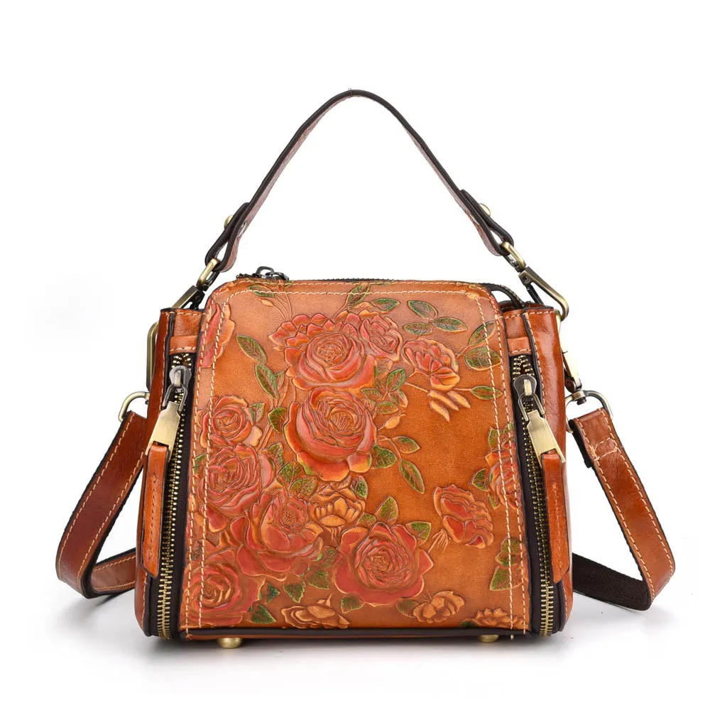 BAOERSEN  Genuine Leather Floral Brushed Embossed Cross-body Purse Handbag