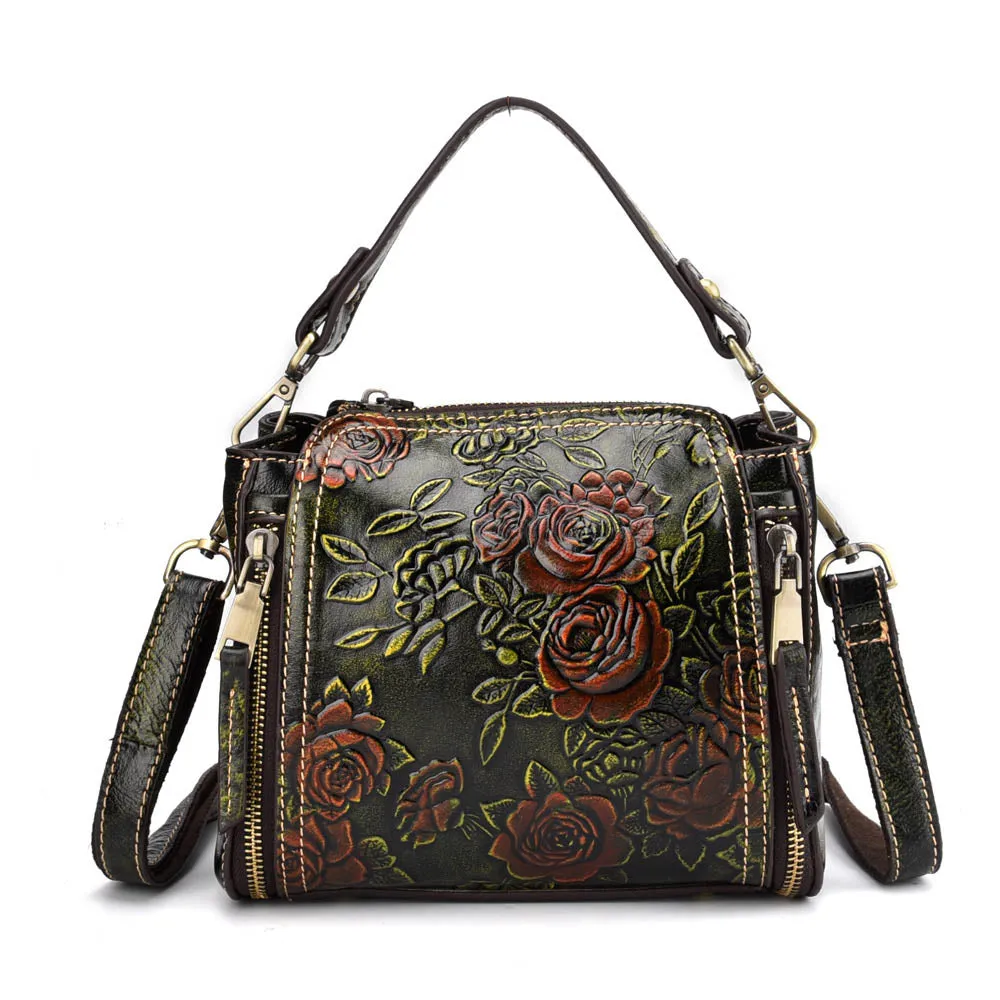 BAOERSEN  Genuine Leather Floral Brushed Embossed Cross-body Purse Handbag