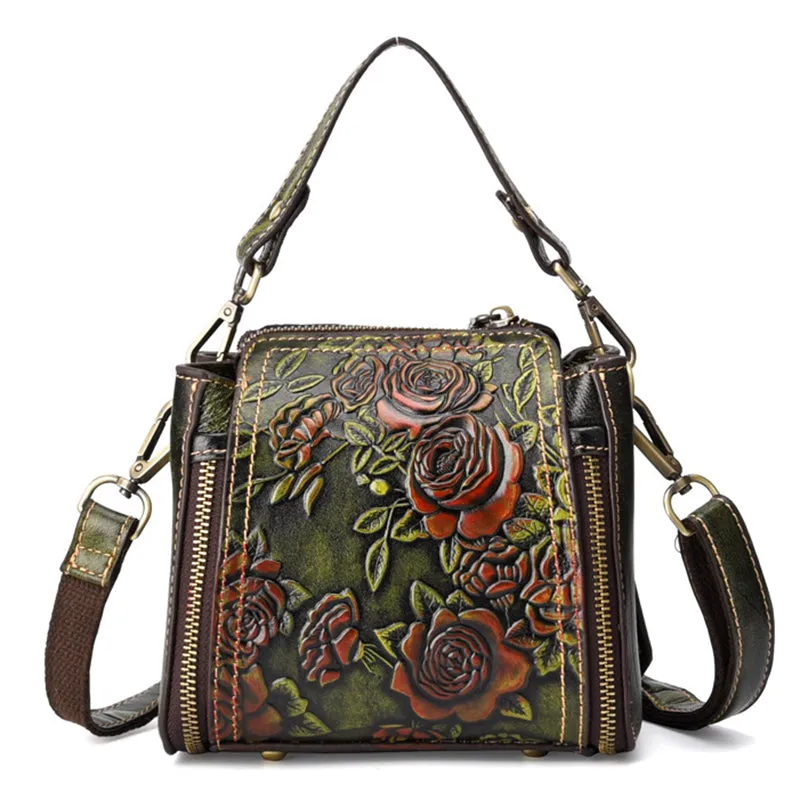 BAOERSEN  Genuine Leather Floral Brushed Embossed Cross-body Purse Handbag