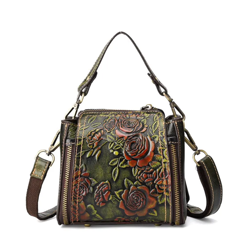 BAOERSEN  Genuine Leather Floral Brushed Embossed Cross-body Purse Handbag