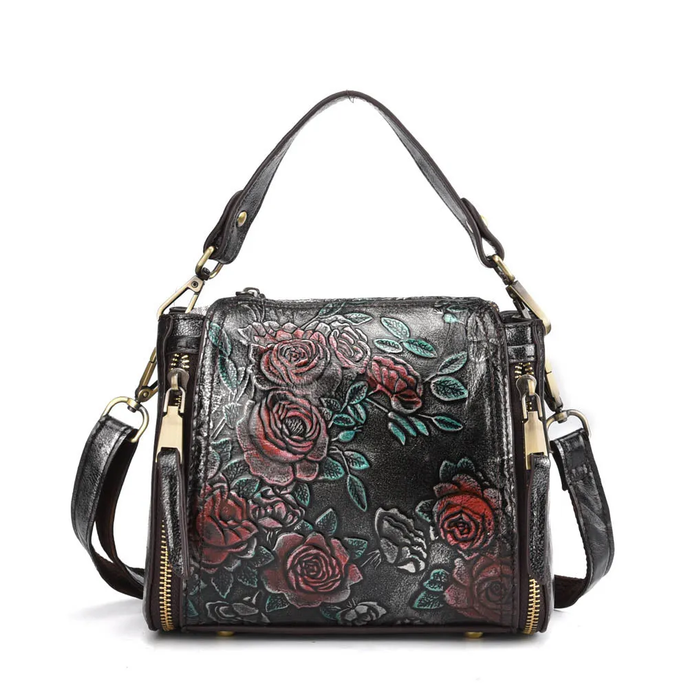 BAOERSEN  Genuine Leather Floral Brushed Embossed Cross-body Purse Handbag