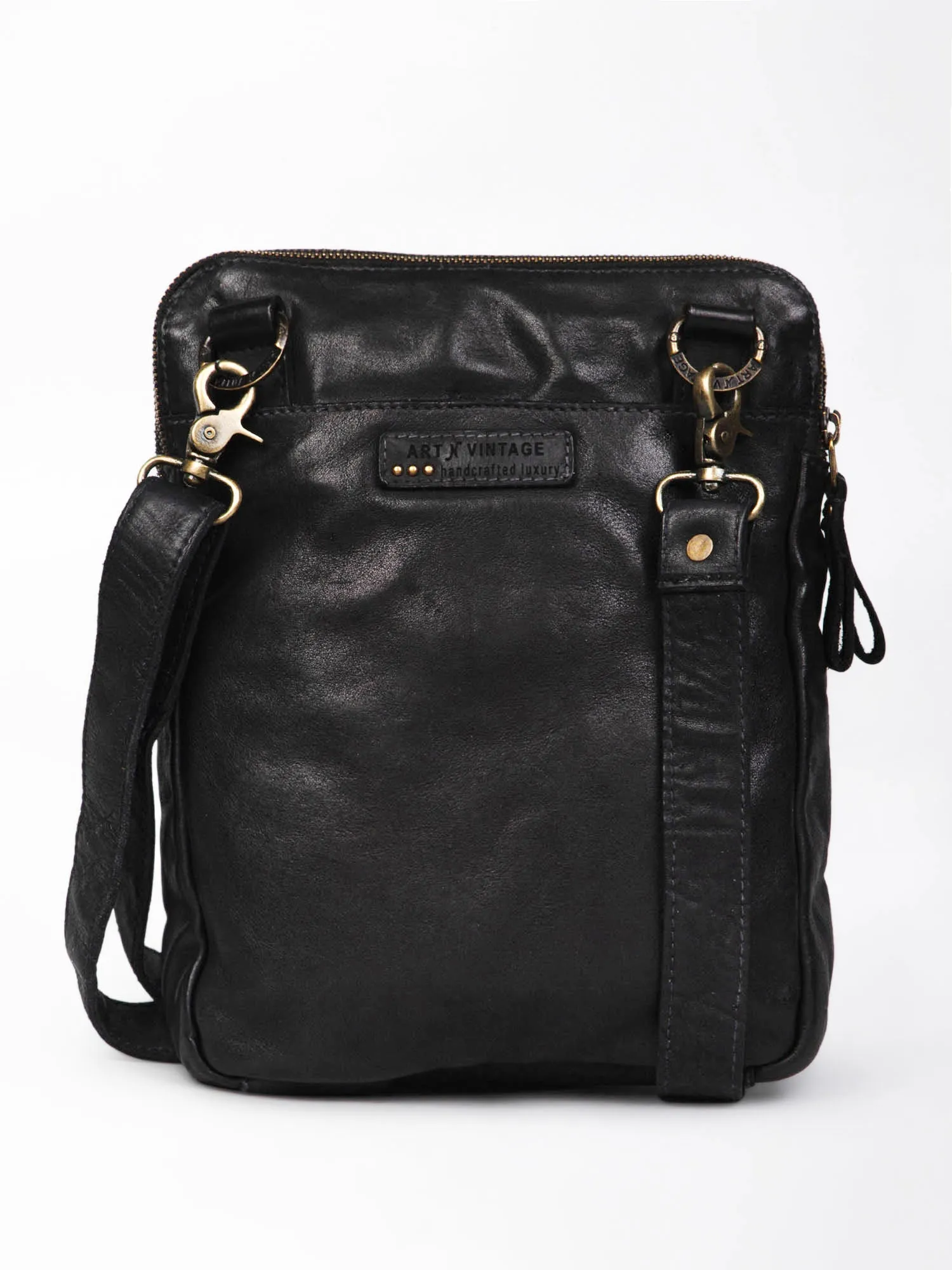 Black Leather Washed Look Crossbody Bag By Art N Vintage