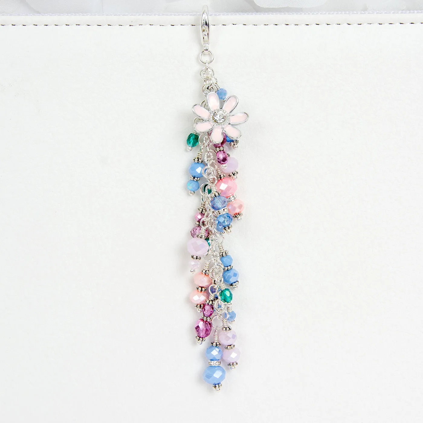 Blush Pink Flower Charm with Pink, Blue and Teal Crystal Dangle