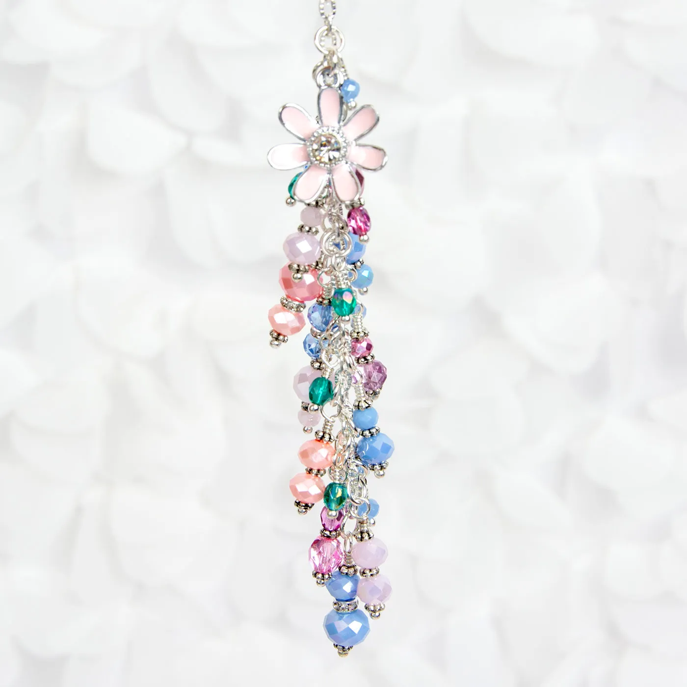 Blush Pink Flower Charm with Pink, Blue and Teal Crystal Dangle