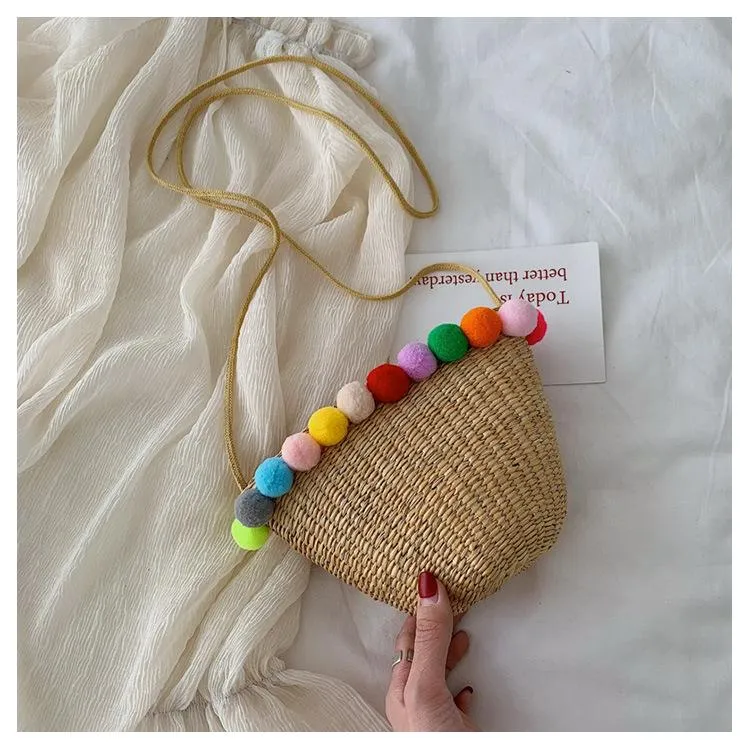 Bohemia Pompom Round Straw Women Summer Rattan Handmade Woven Beach Cross Body Bag