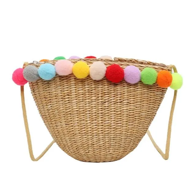 Bohemia Pompom Round Straw Women Summer Rattan Handmade Woven Beach Cross Body Bag