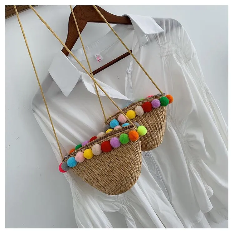 Bohemia Pompom Round Straw Women Summer Rattan Handmade Woven Beach Cross Body Bag