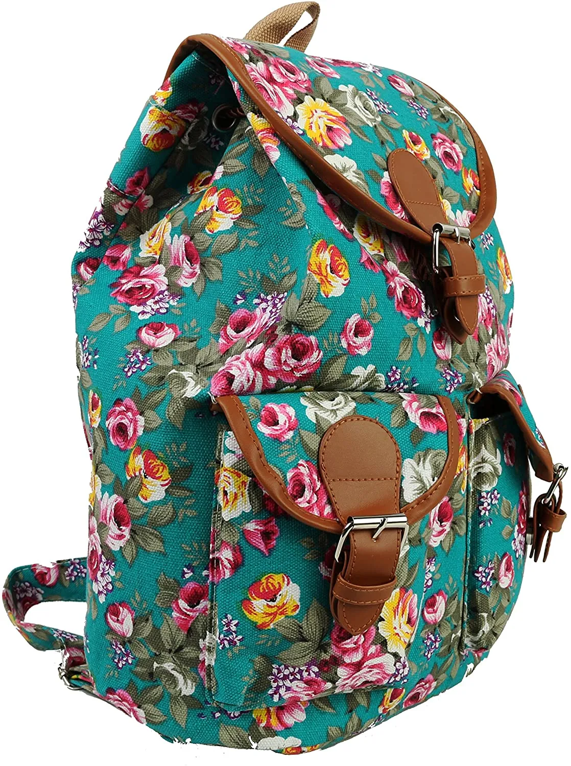 Bravo Vintage Women Canvas Travel Satchel Shoulder Bag Backpack Rucksack - Rose Teal