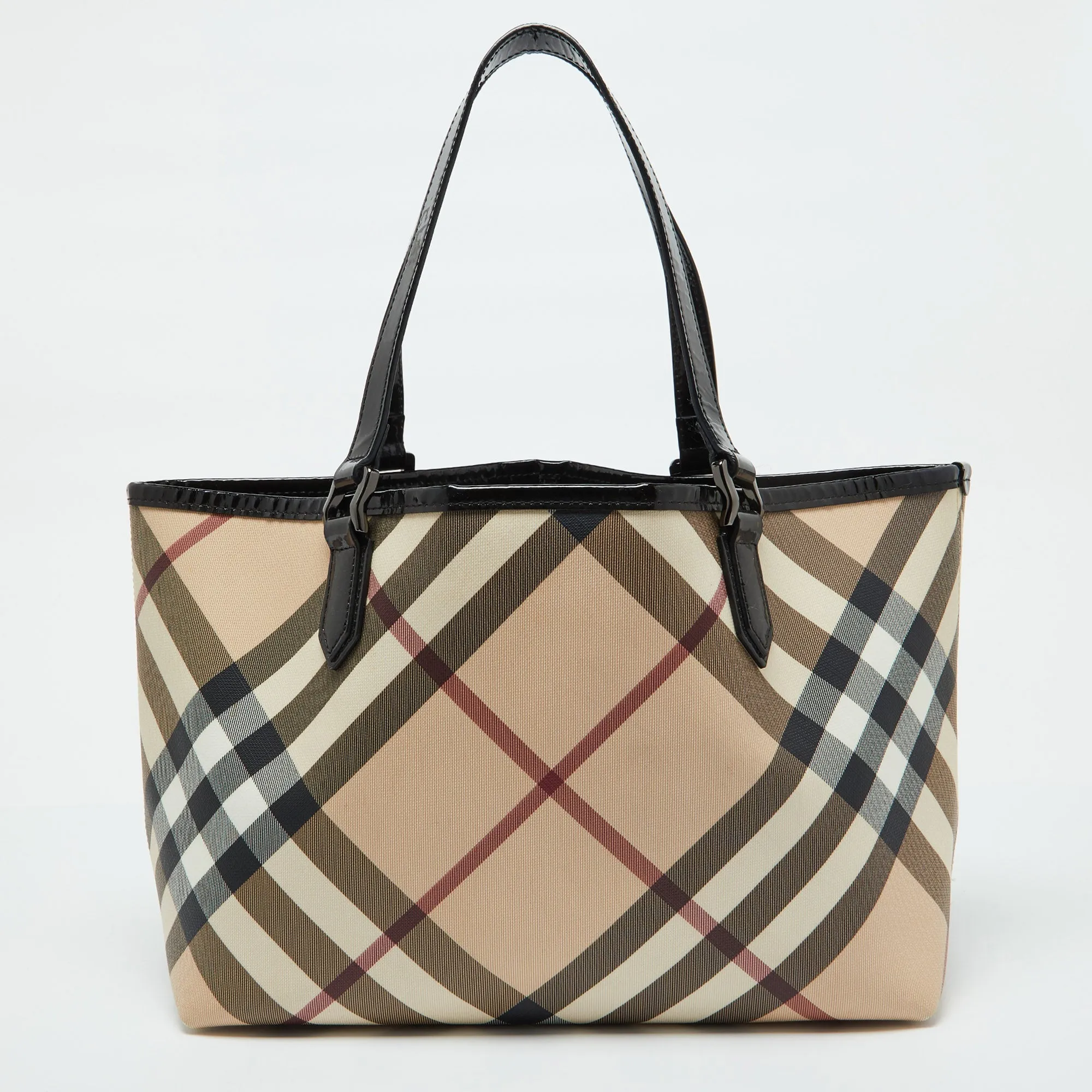 BURBERRY Beige/Black Supernova Check Coated Canvas and Patent Leather Nickie Tote