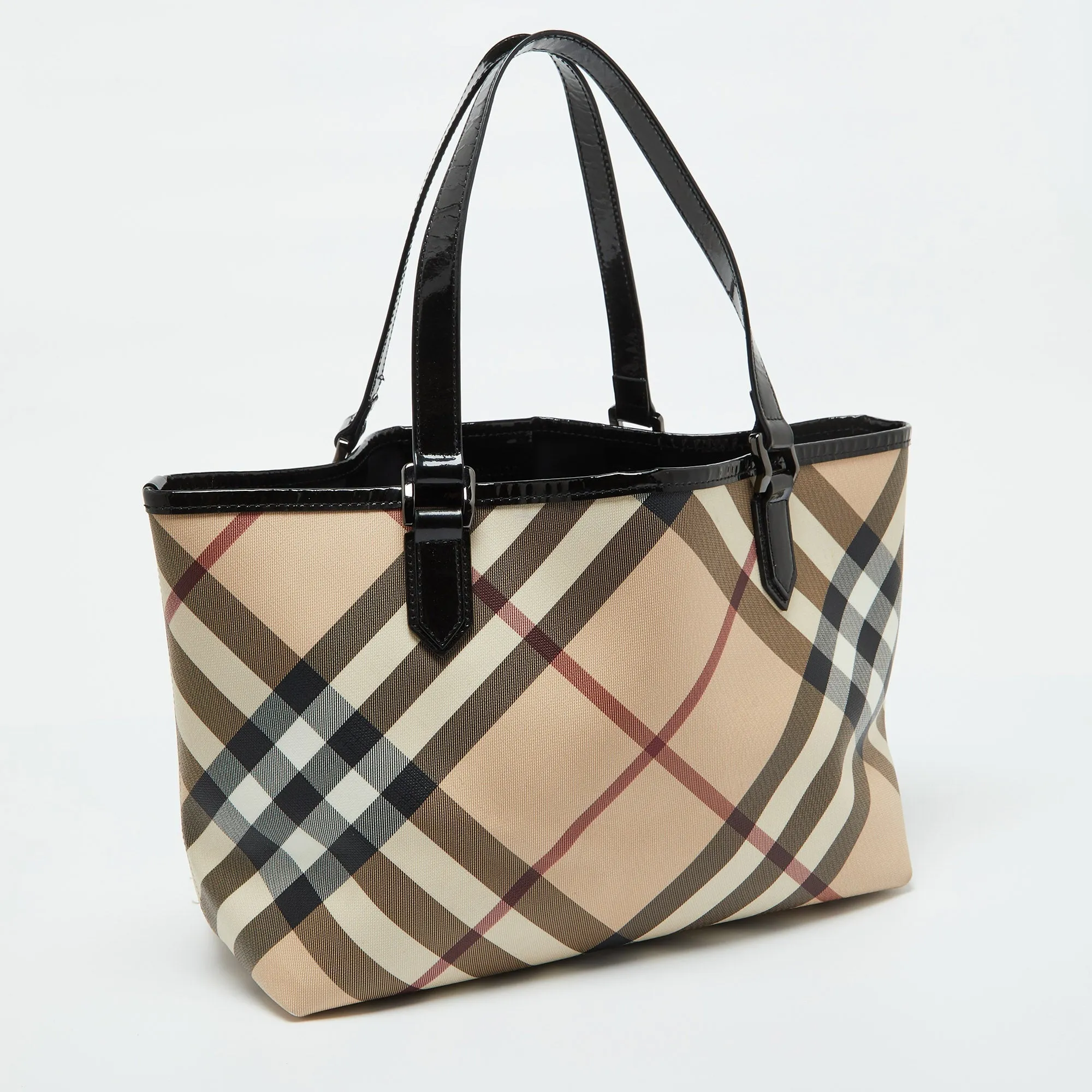 BURBERRY Beige/Black Supernova Check Coated Canvas and Patent Leather Nickie Tote