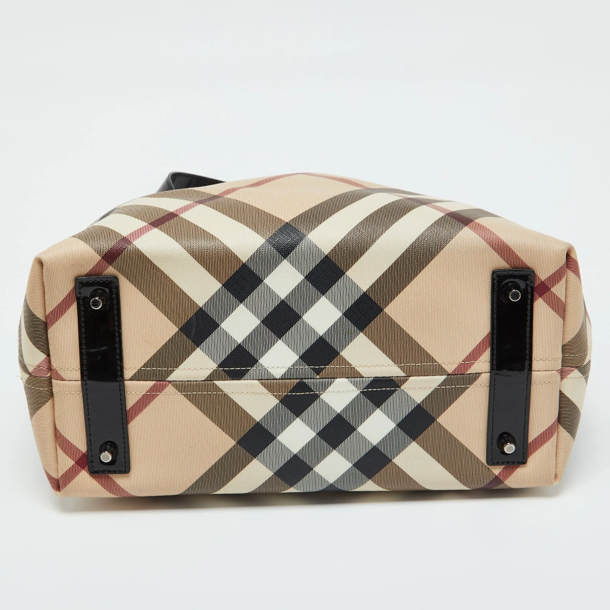 BURBERRY Beige/Black Supernova Check Coated Canvas and Patent Leather Nickie Tote