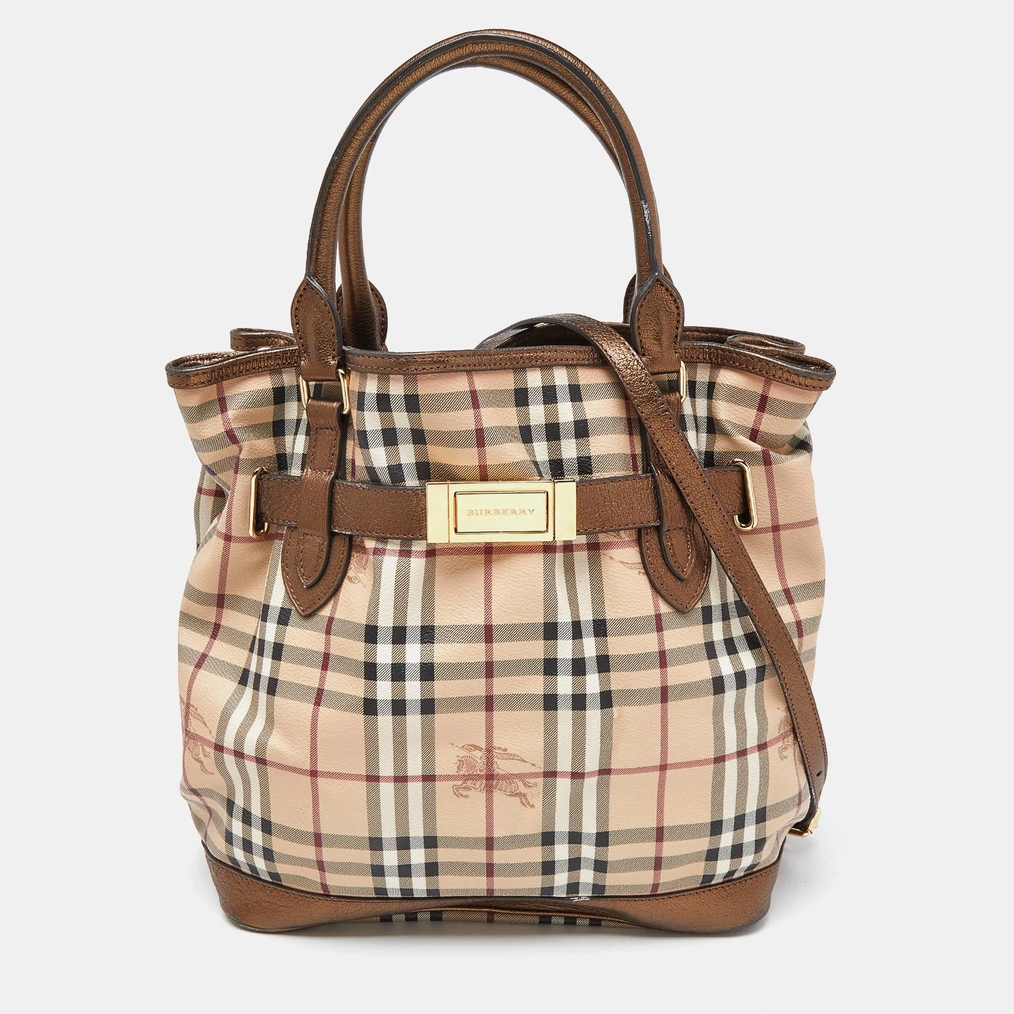 BURBERRY Beige/Metallic Haymarket Check Canvas and Leather Medium Golderton Tote