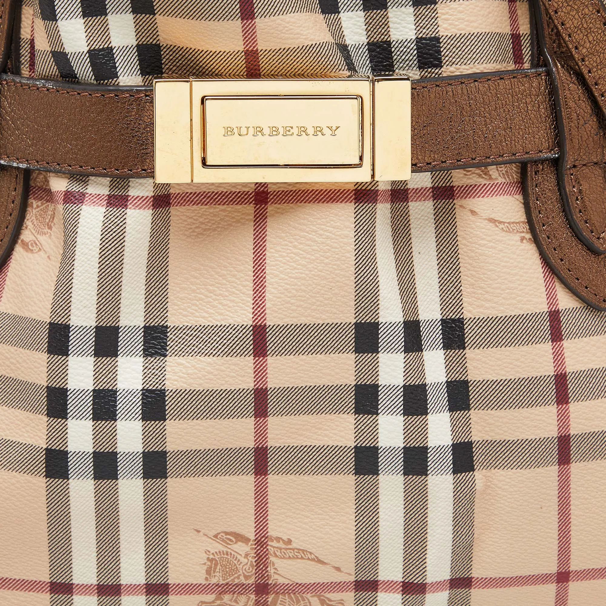 BURBERRY Beige/Metallic Haymarket Check Canvas and Leather Medium Golderton Tote