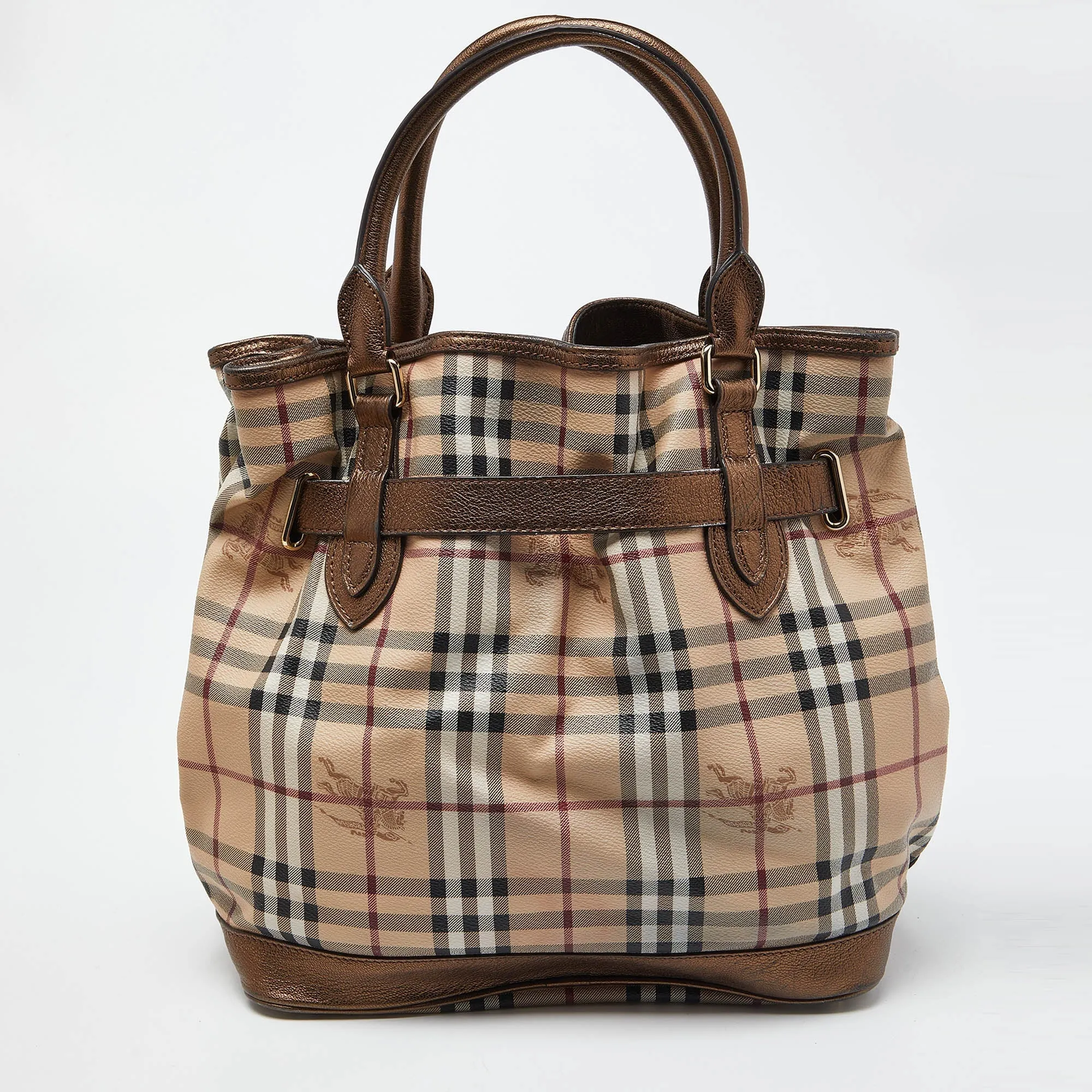 BURBERRY Beige/Metallic Haymarket Check Canvas and Leather Medium Golderton Tote