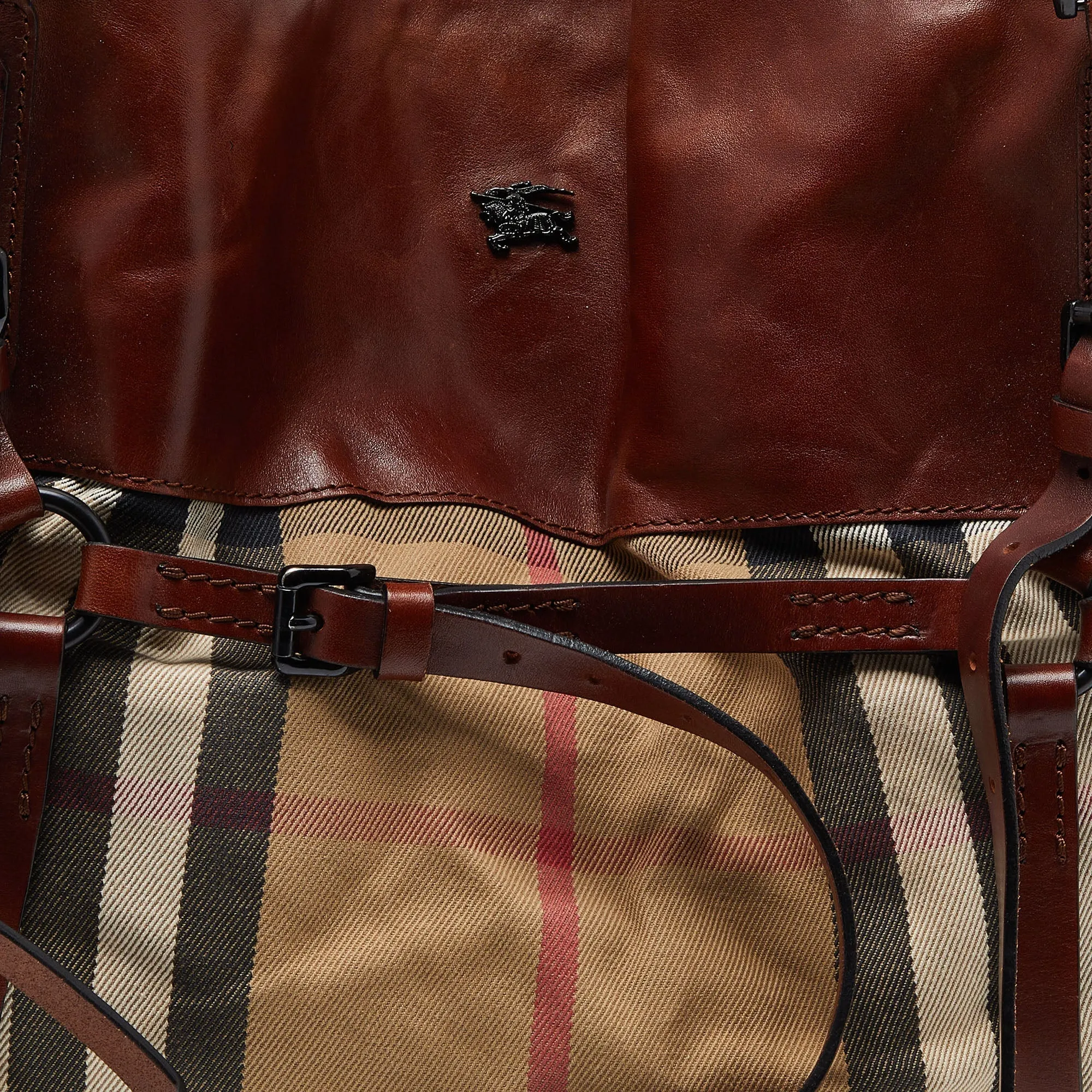 BURBERRY Brown/Beige House Check Canvas and Leather Belted Tote