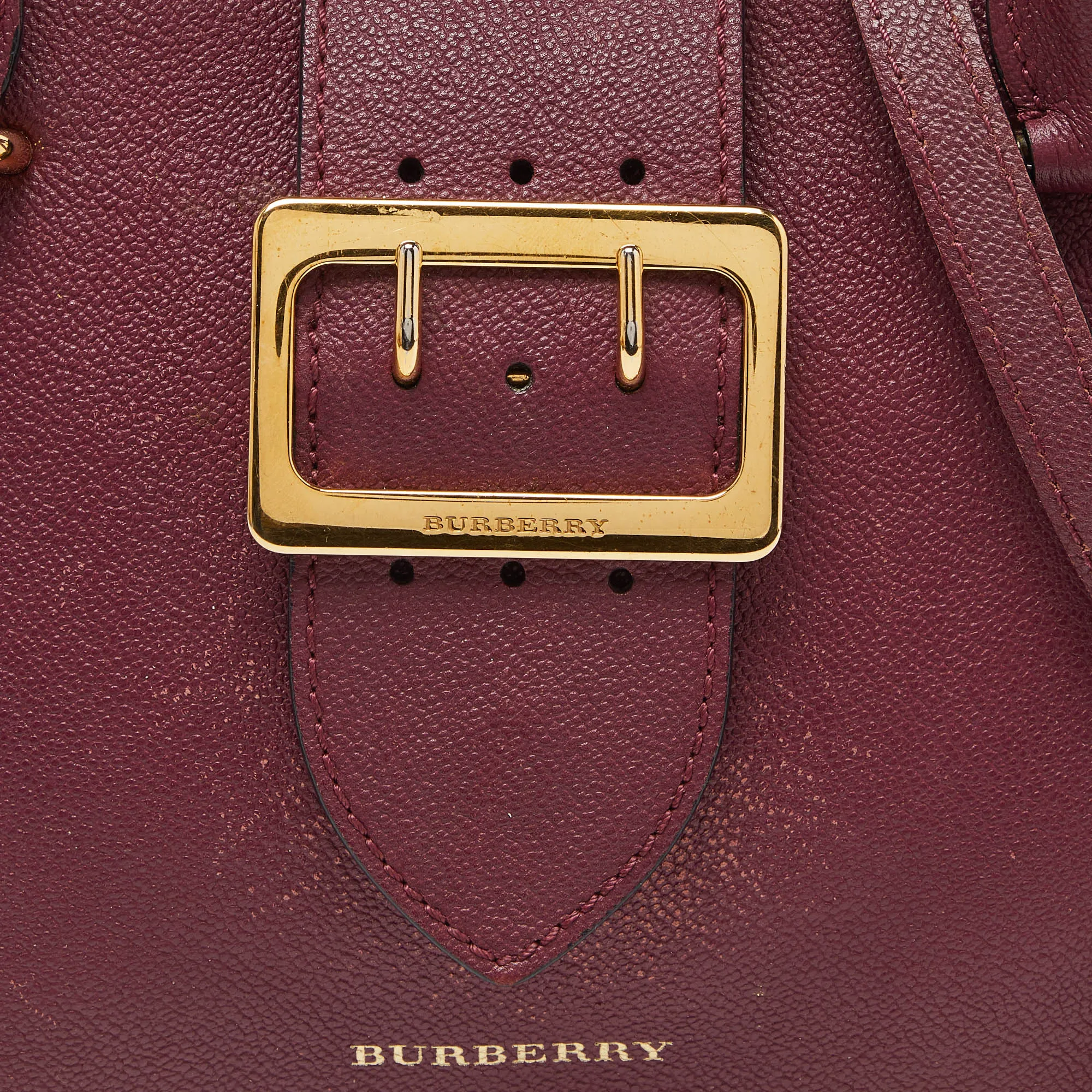 BURBERRY Burgundy Grained Leather Small Buckle Tote