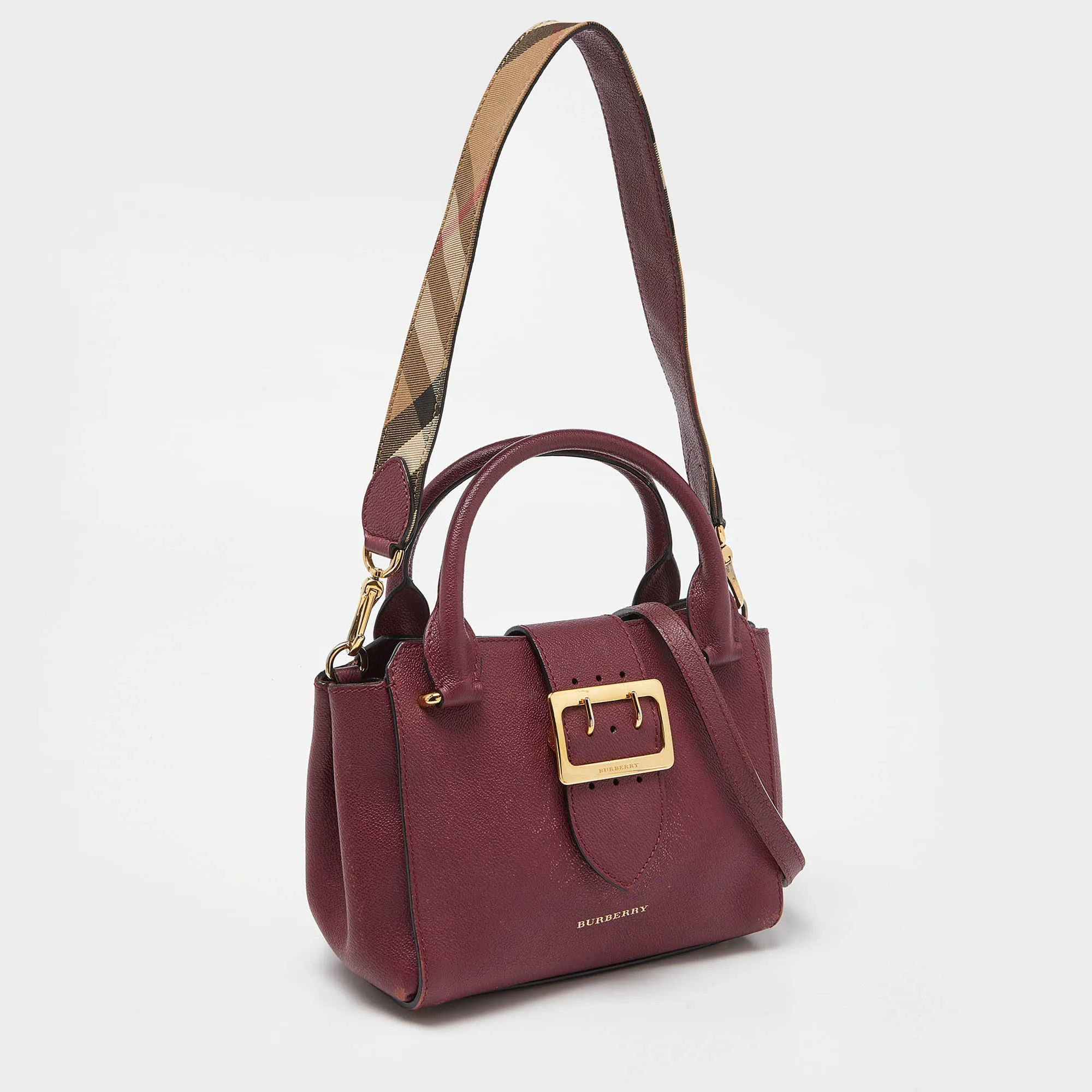 BURBERRY Burgundy Grained Leather Small Buckle Tote