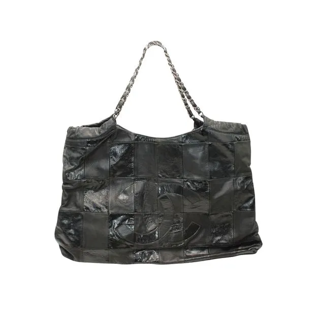 CHANEL Black Leather Patchwork Tote With Silver Tone Chain 2013-2014