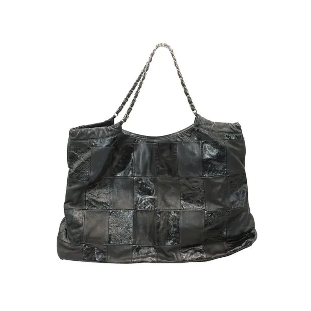 CHANEL Black Leather Patchwork Tote With Silver Tone Chain 2013-2014