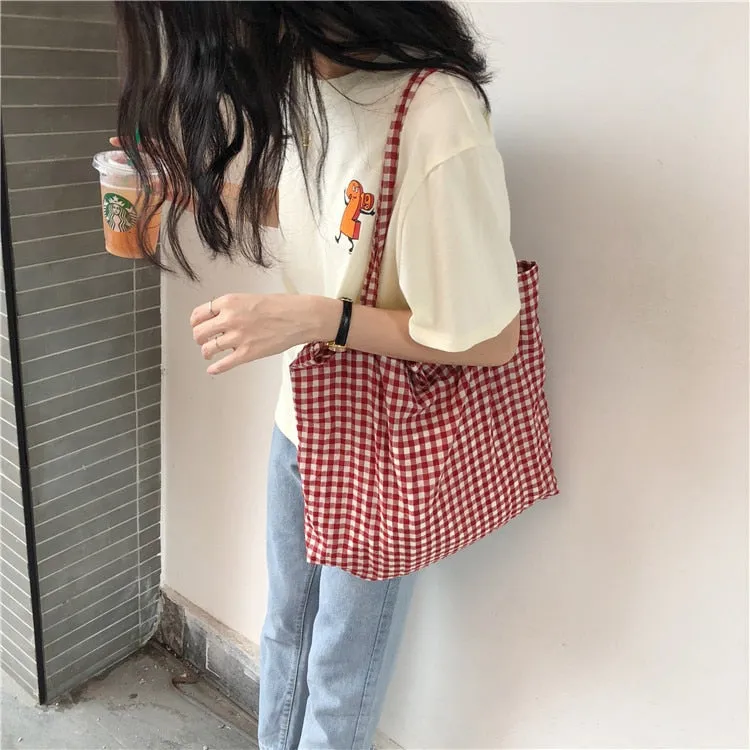 Darianrojas Fashion Women's Canvas Tote Shoulder Large Shopping Bag Plaid Eco Large Capacity Ladies Purse Pouch Girls Student Book Handbags