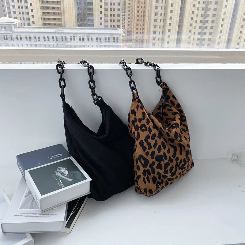 Darianrojas New Autumn Winter Corduroy Shoulder Bags Retro Leopard Pattern Handbag Thick Chain Bags Female Daily Warm Soft Crossbody