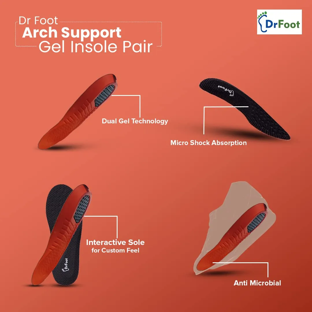 Dr Foot Arch Support Gel Insole Pair | For All-Day Comfort | Shoe Inserts for Flat Feet, High Arch, Foot Pain | Full-Length Orthotics | For Men & Women – 1 Pair (Medium Size) (Pack of 3)