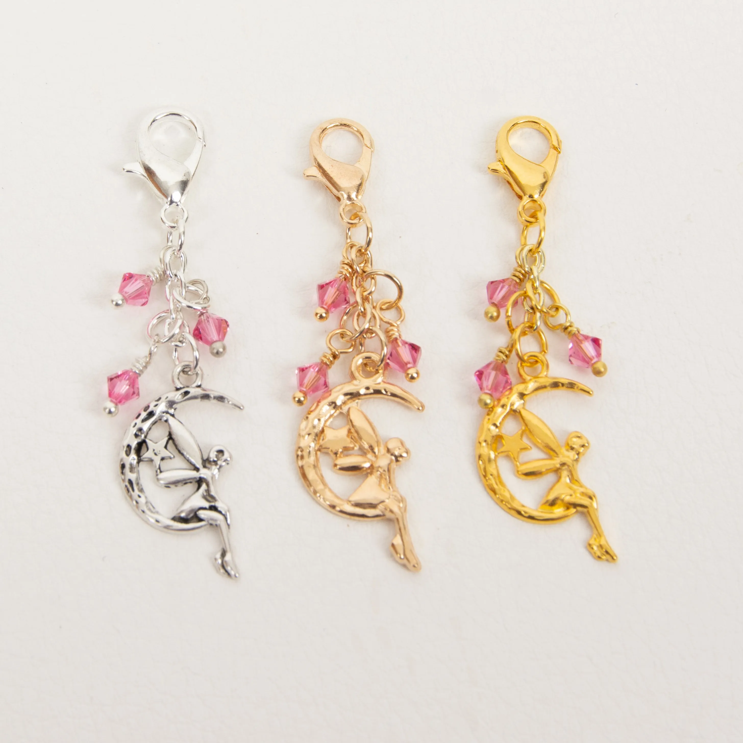 Fairy on Moon Charm with Pink Crystals in Silver or Gold