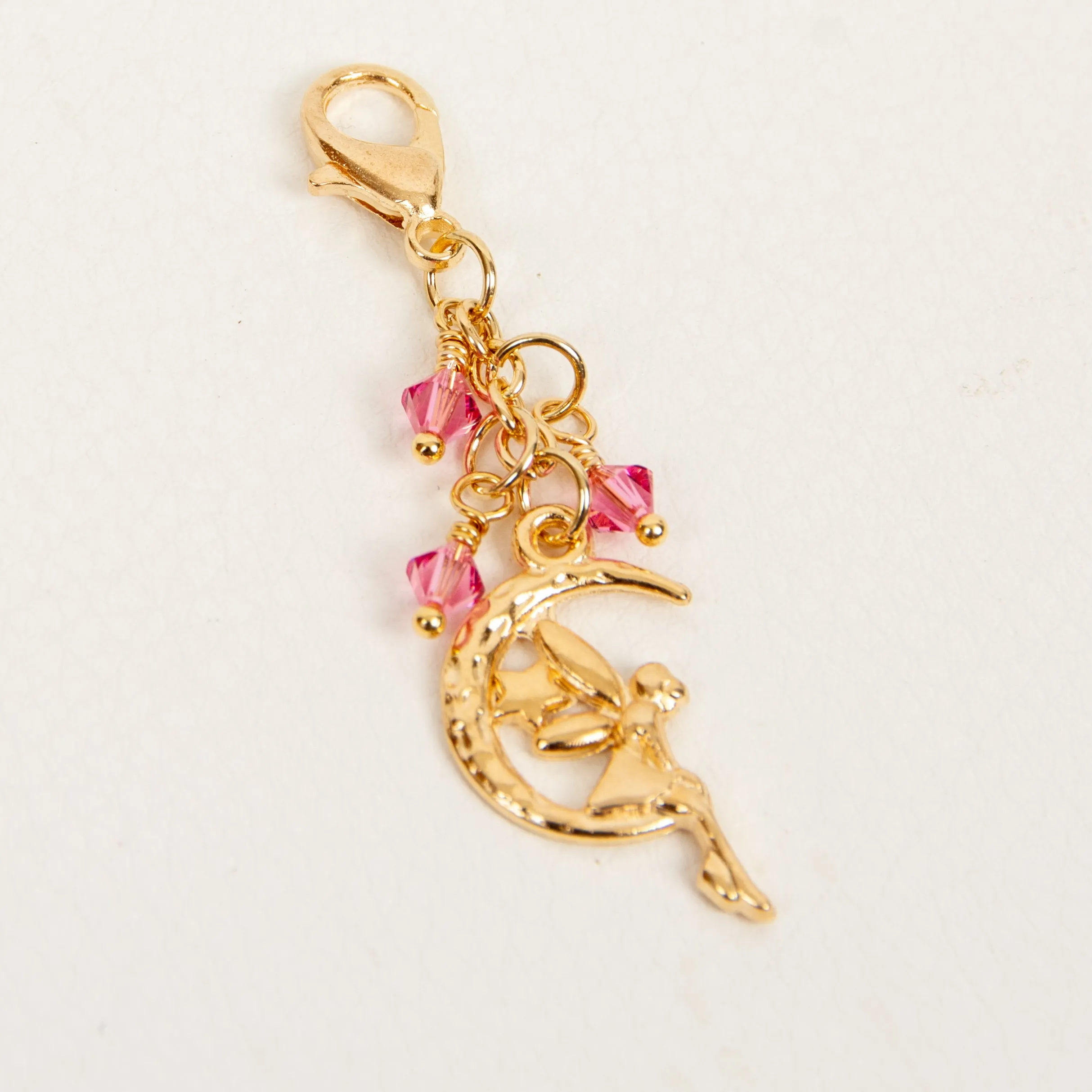 Fairy on Moon Charm with Pink Crystals in Silver or Gold