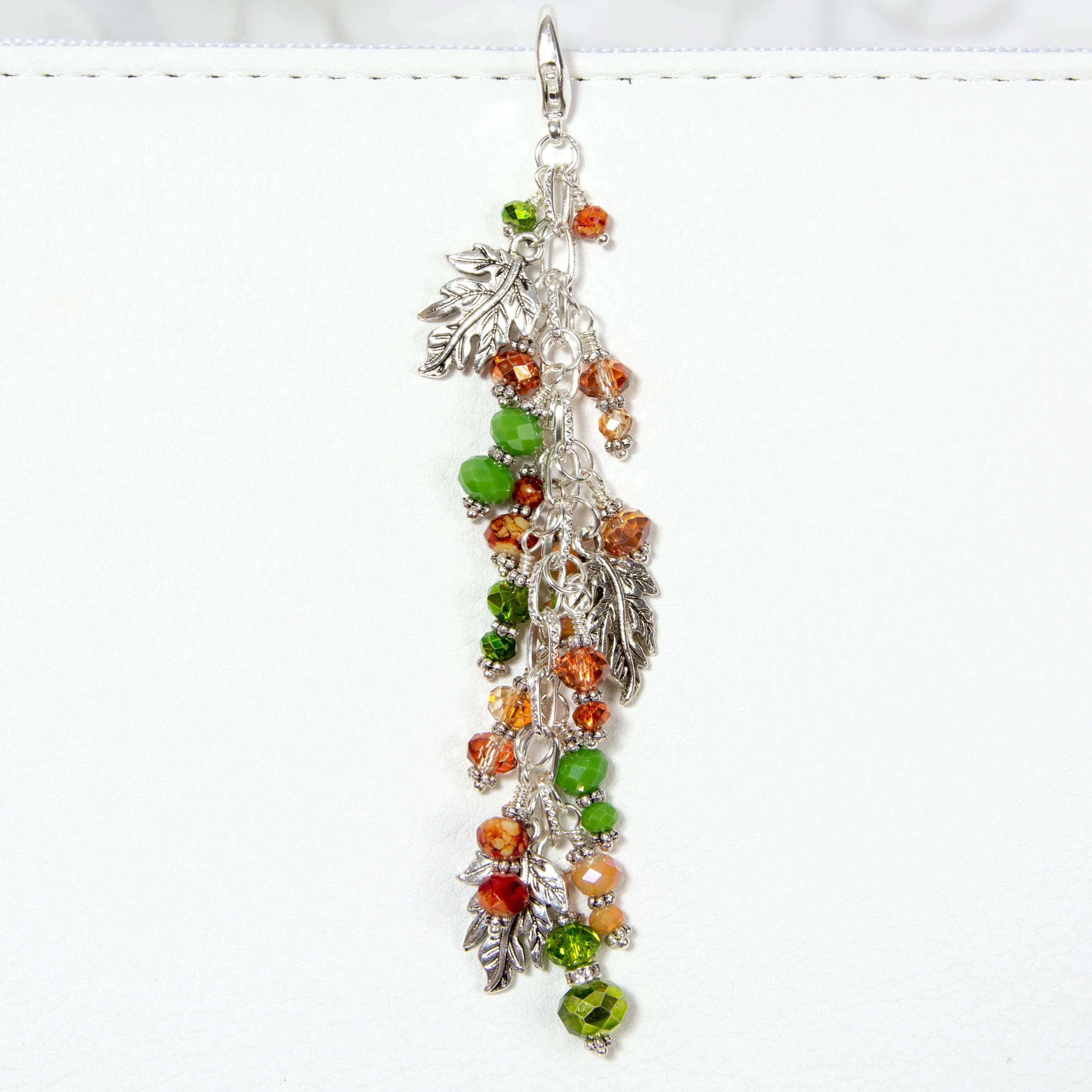 Fall Leaves Planner Charm with Silver-toned Leaves and Dangle of Autumn Toned Crystals