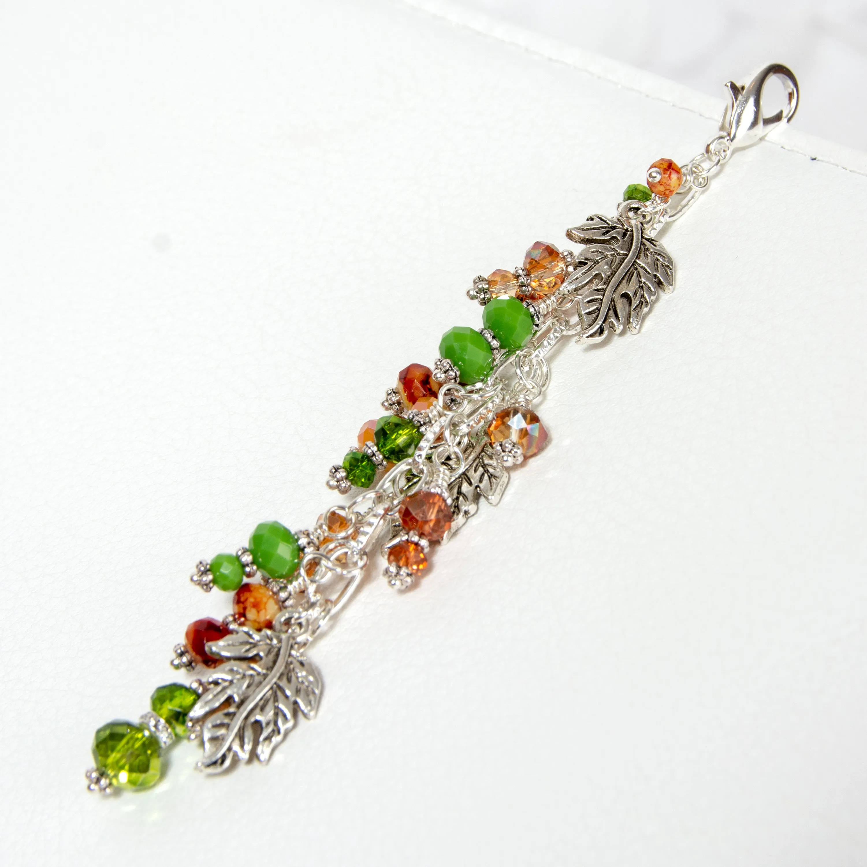 Fall Leaves Planner Charm with Silver-toned Leaves and Dangle of Autumn Toned Crystals