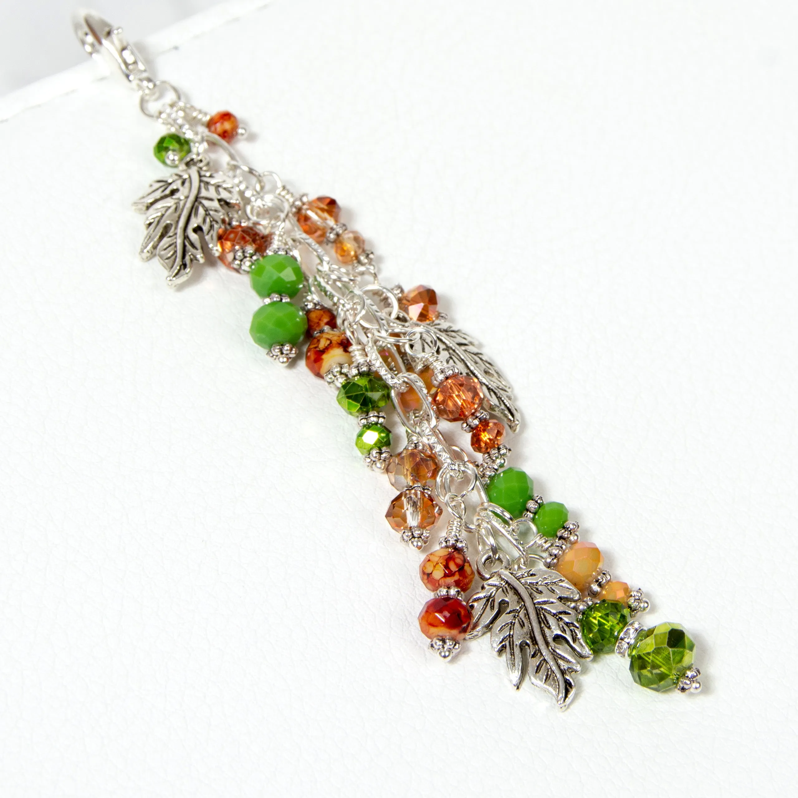 Fall Leaves Planner Charm with Silver-toned Leaves and Dangle of Autumn Toned Crystals