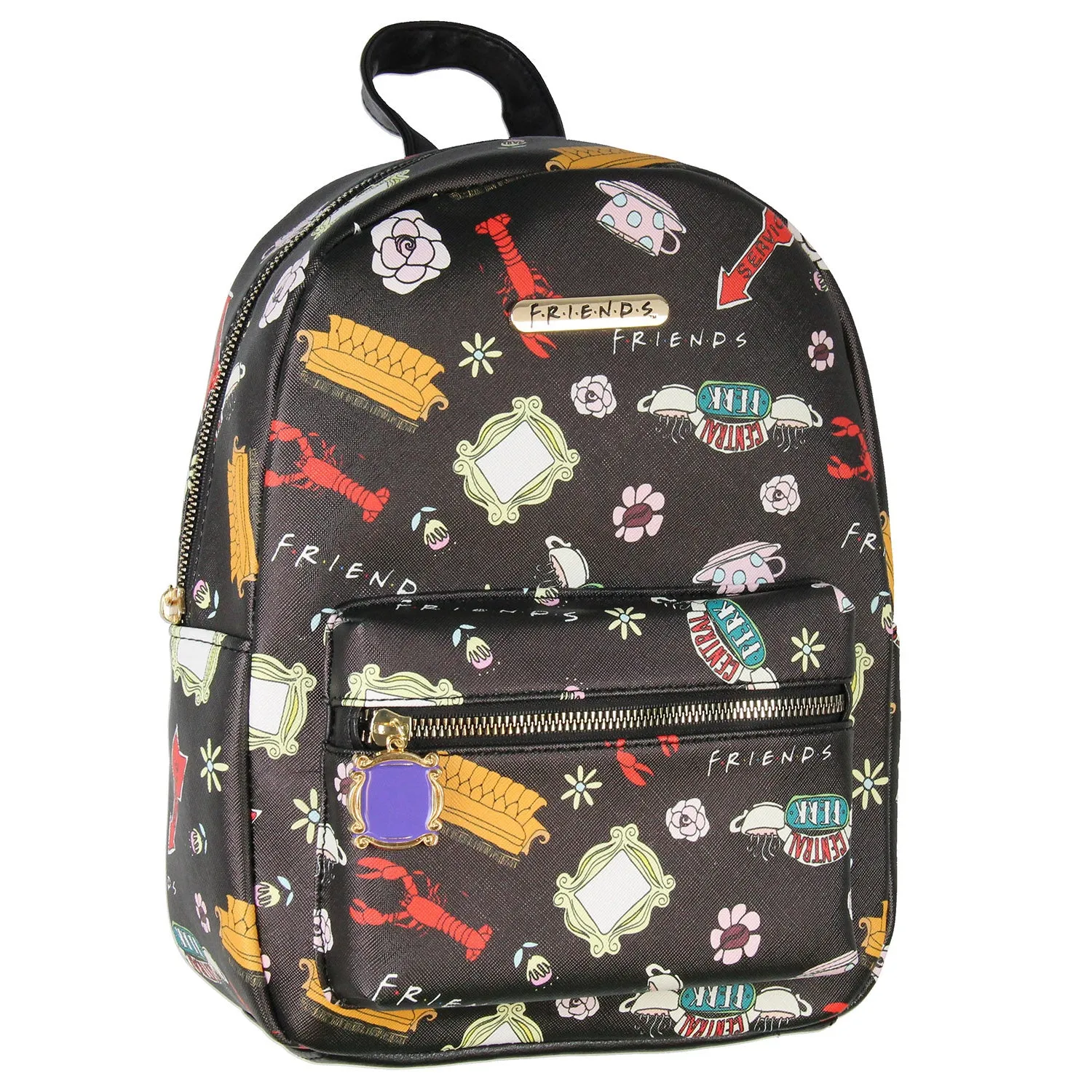 Friends TV Show Allover Toss Print Faux Saffiano Leather Mini Backpack Bag