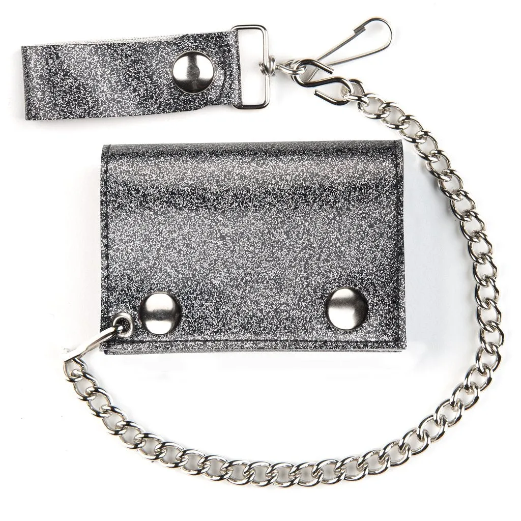 Glitter Vinyl Tri-fold Chain Wallet in Charcoal Grey