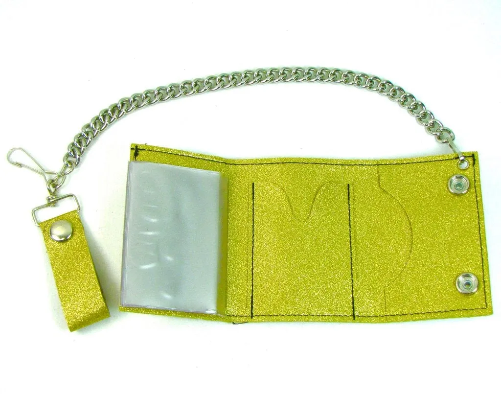 Glitter Vinyl Tri-fold Chain Wallet in Gold