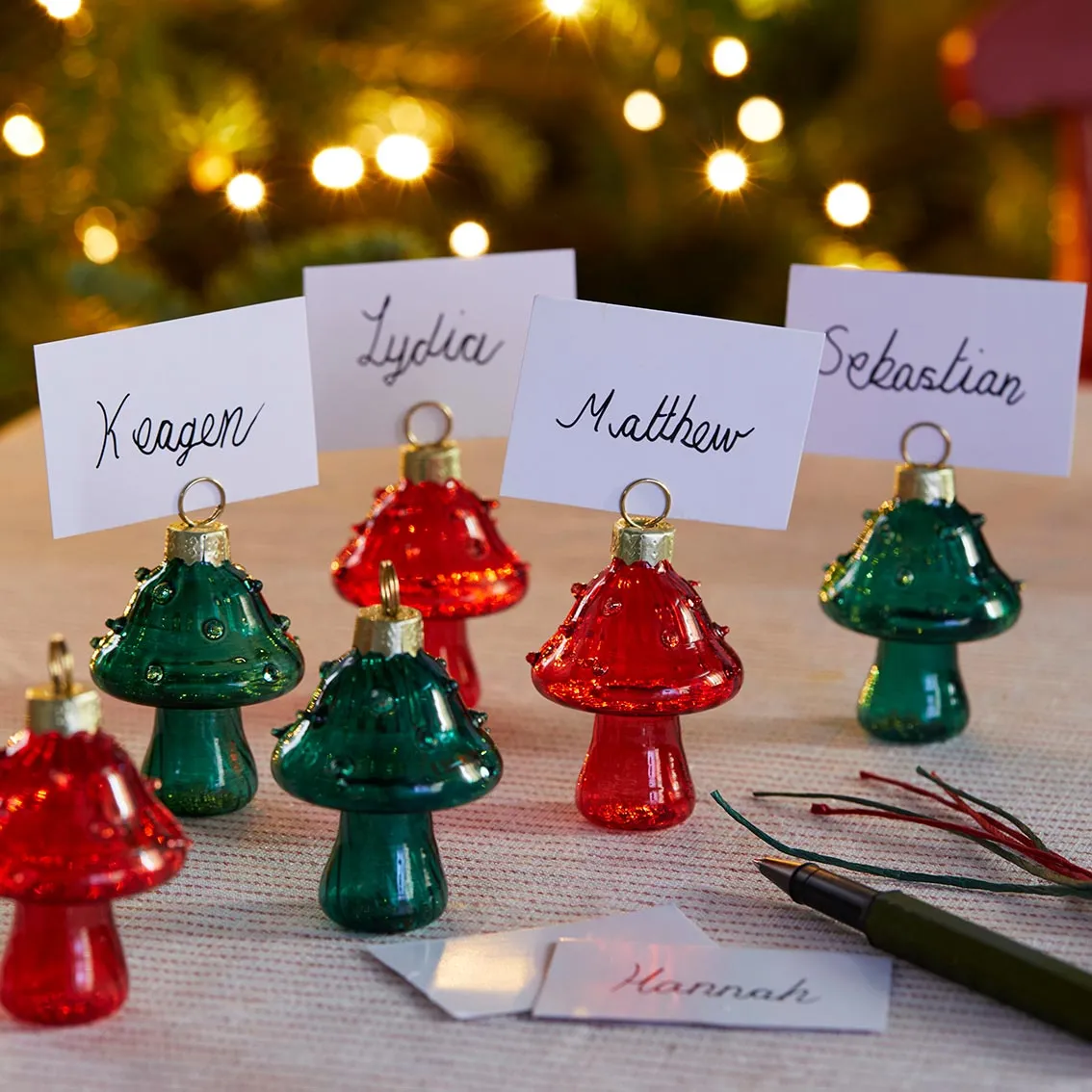 Green & Red Glass Mushroom Place Card Holders - 6 Pack