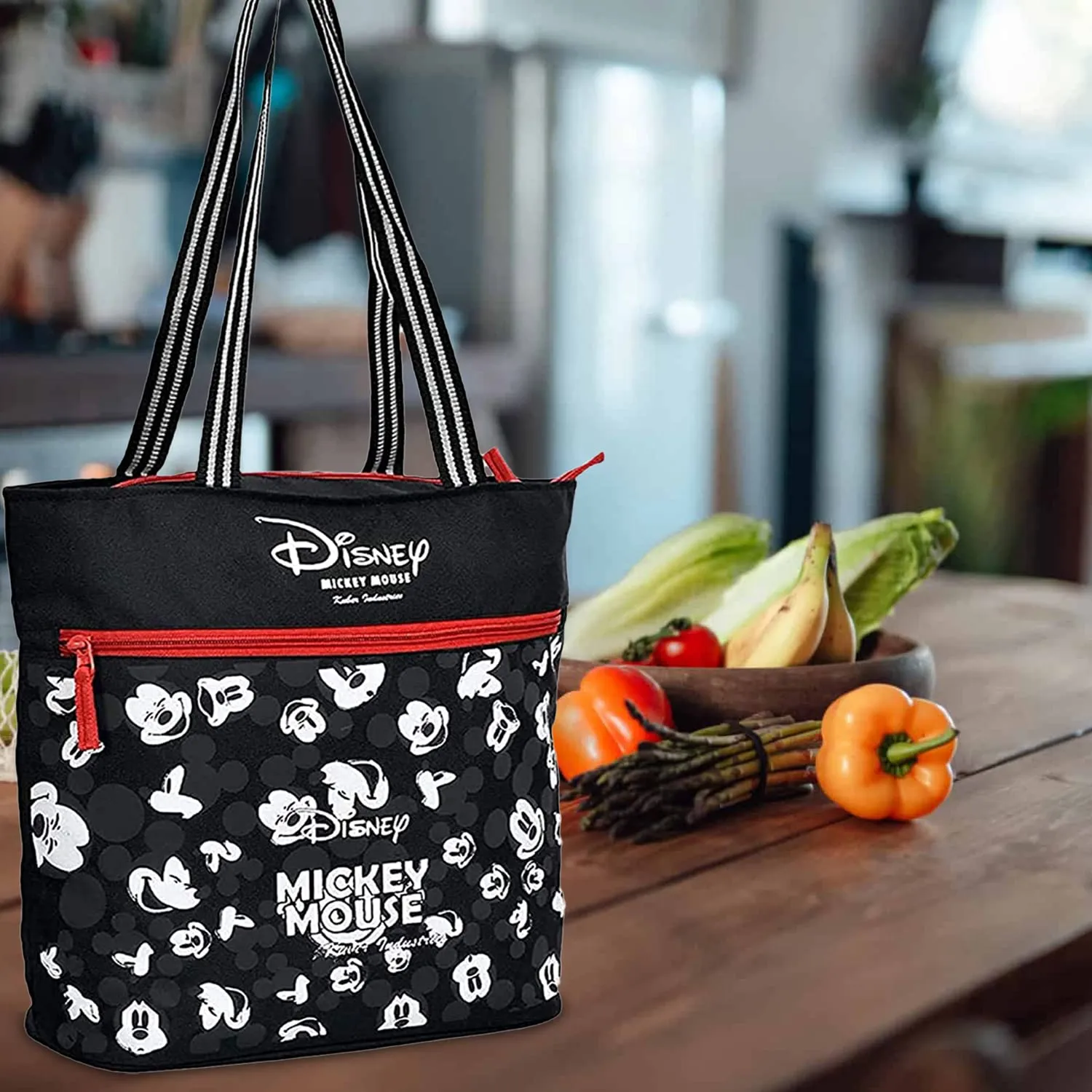 Heart Home Disney Mickey Face Print Grocery Bag | Polyester Foldable Shopping Bag | Travel Hand Bag with Front Pocket & Handle | Pack of 2 | Black