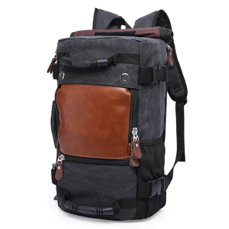 KAKA 0208 Men Canvas Stitched Leather Backpack, Size: 48 x 30 x 18cm (Black)