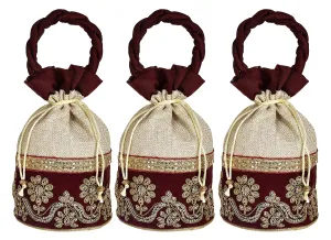 Kuber Industries Embroidered Design Potli Bags Handbags for Women Gifting Wristlets for Wedding, Festival, Kitty Subh Shagun-Pack of 3 (Maroon)