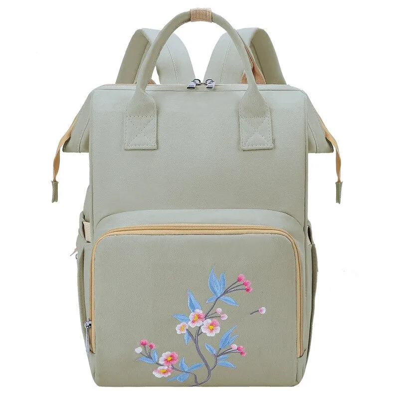 Large Capacity Diaper Backpack With Flower Embroidery