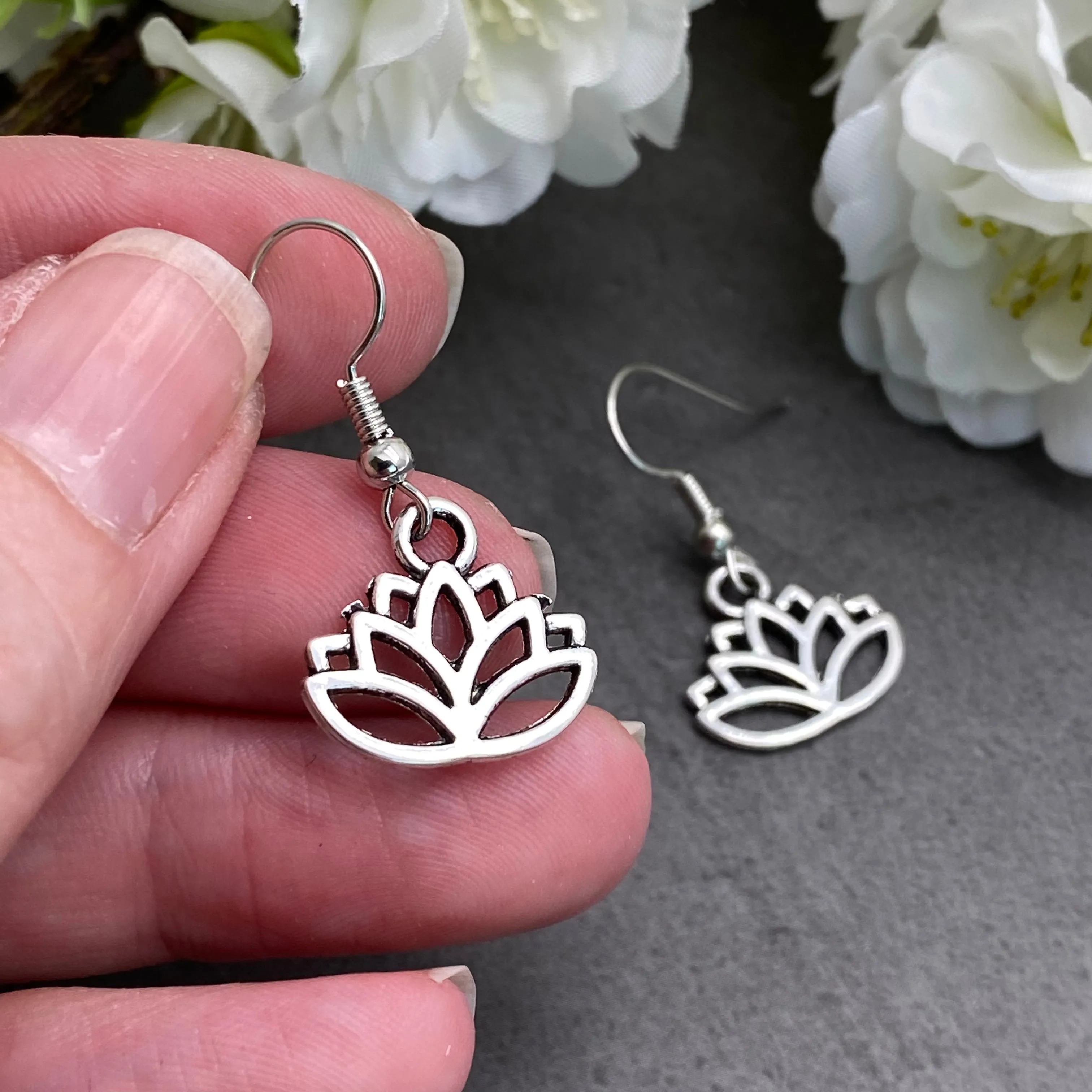 Lotus Flower Silver Plated Charm Earrings