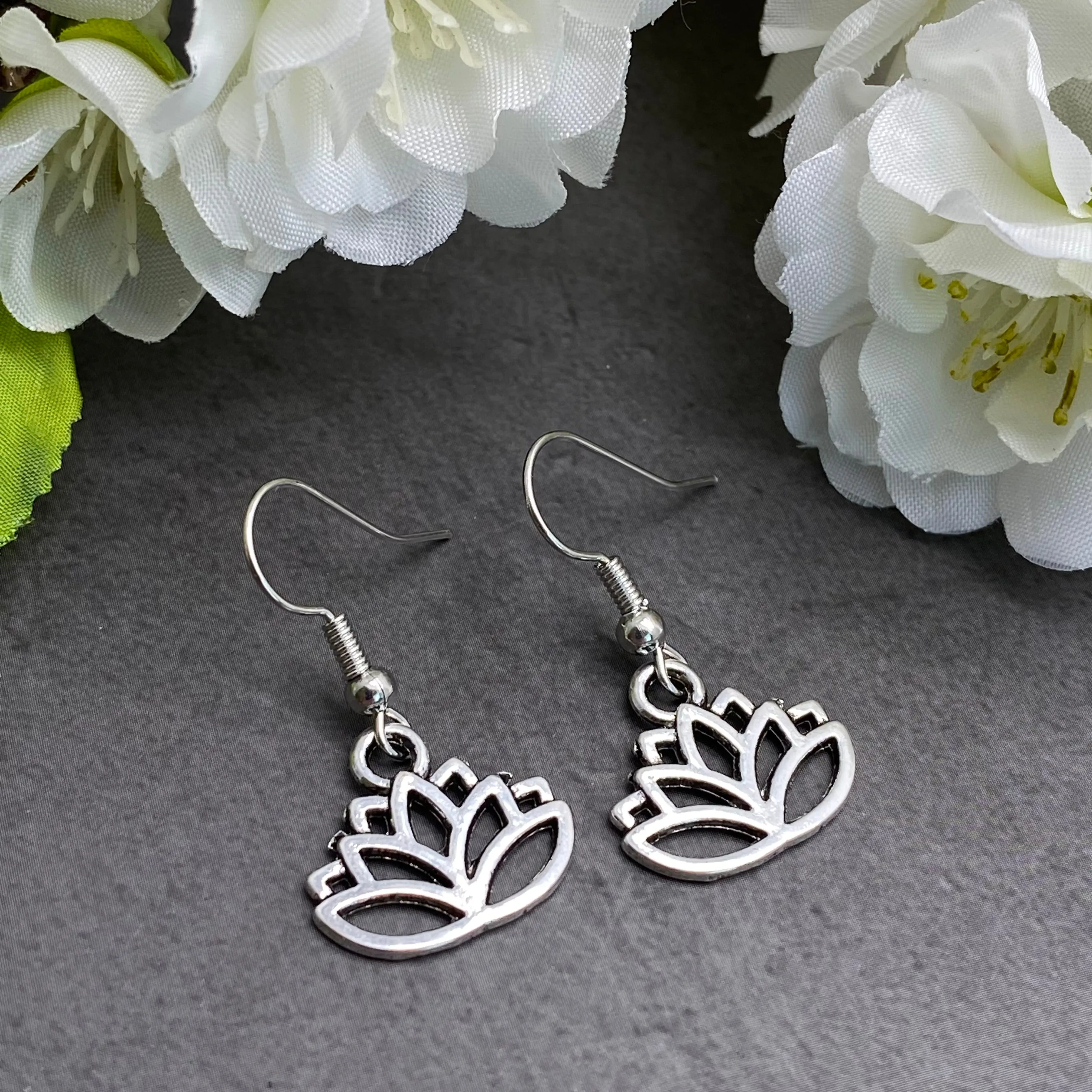 Lotus Flower Silver Plated Charm Earrings