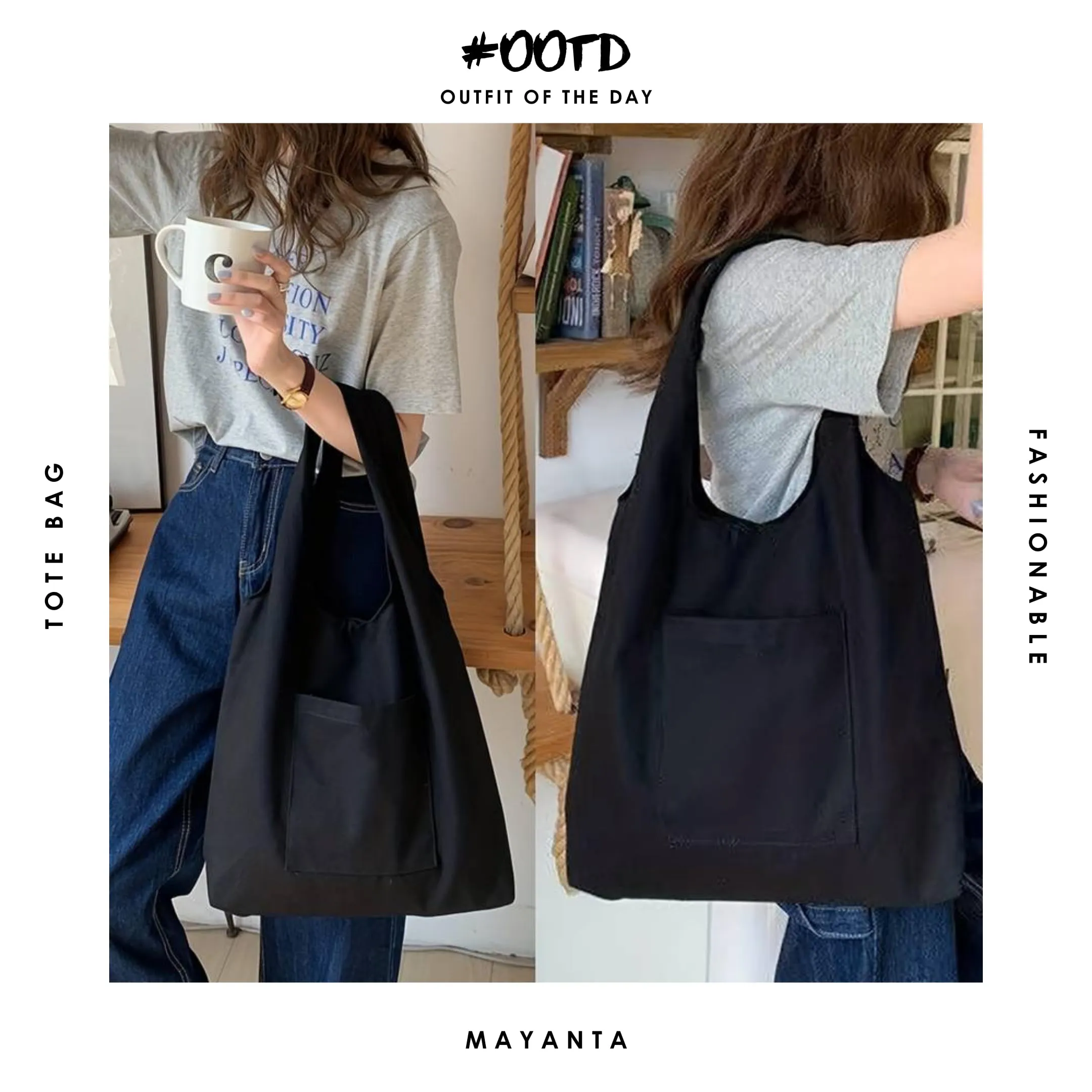 Mayanta black tote bags for women | stylish tote bags for women college | korean tote bags for women | canvas tote bags for girls | cotton tote bags for women | tote bags for girls ladies